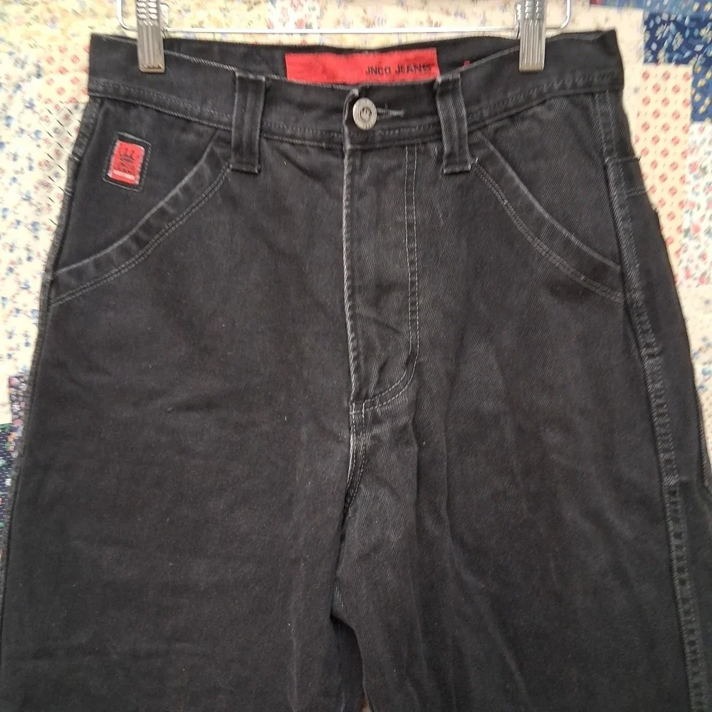 y2k Jnco Black Denim‎ Jeans Size 29x30 Gothic Spellout Double Back Pockets Wide